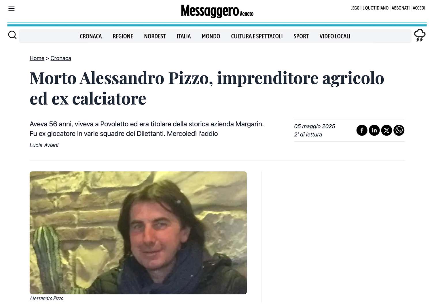 Morto Alessandro Pizzo imprenditore agricolo ed ex calciatore