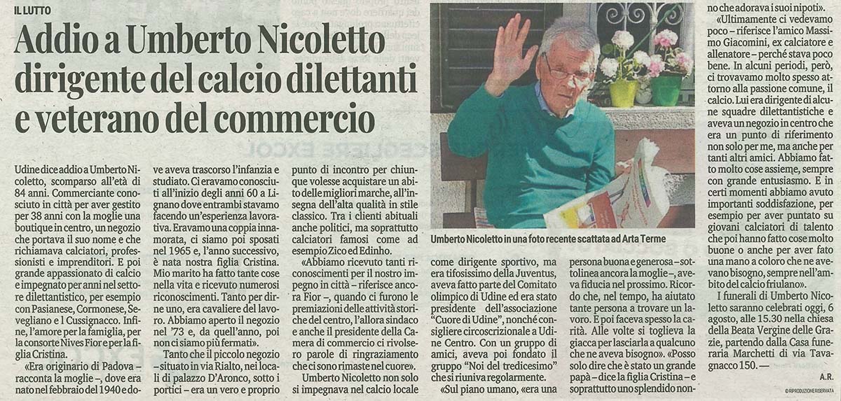 Addio a Umberto Nicoletto dirigente del calcio dilettanti e veterano del commercio
