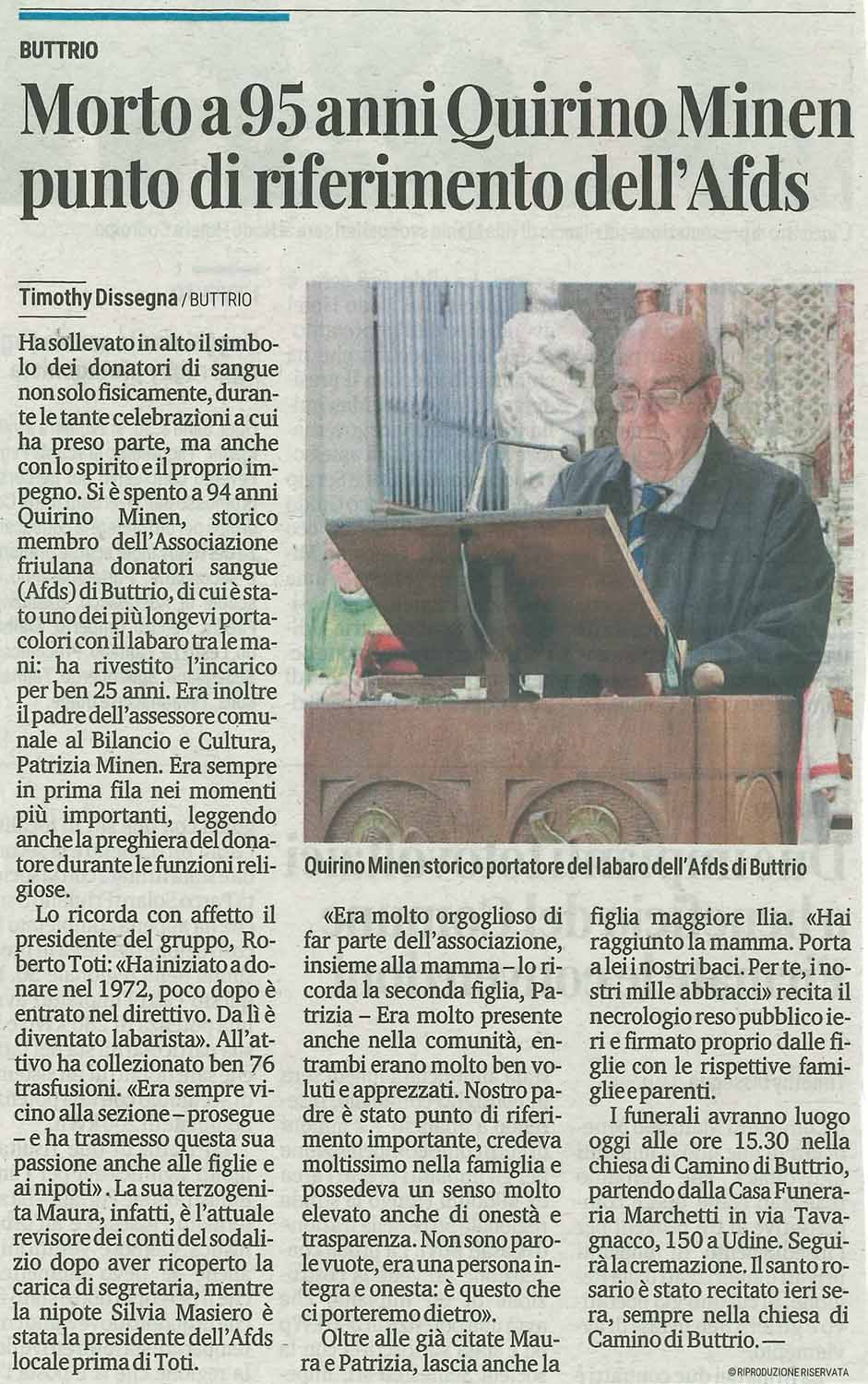 Morto a 95 anni Quirino Minen