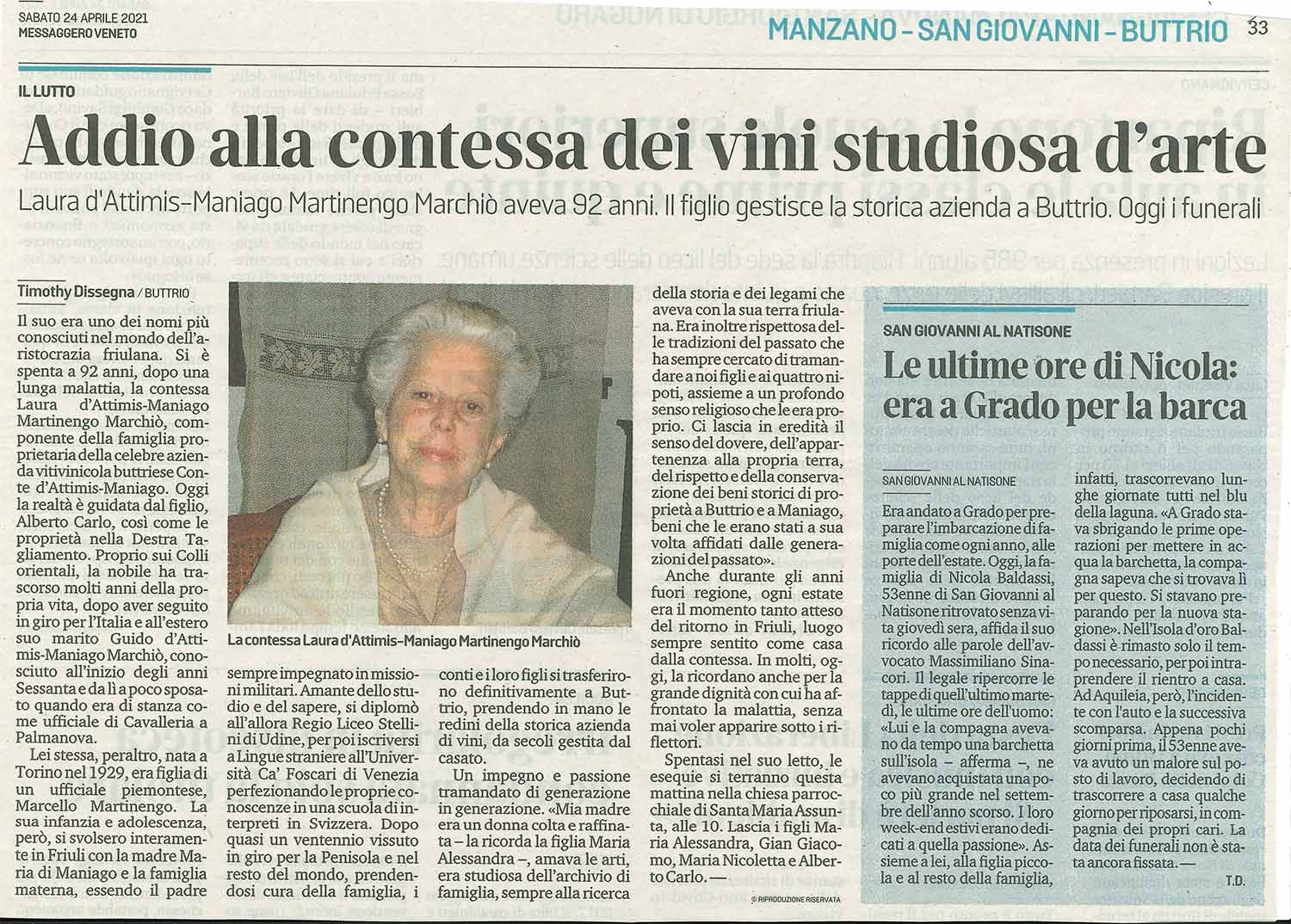 Addio alla contessa dei vini studiosa d'arte