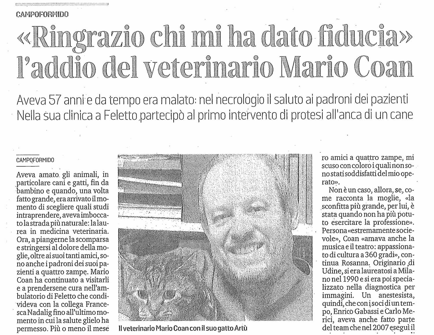 "Ringrazio chi mi ha dato fiducia". L'addio del veterinario Mario Coan