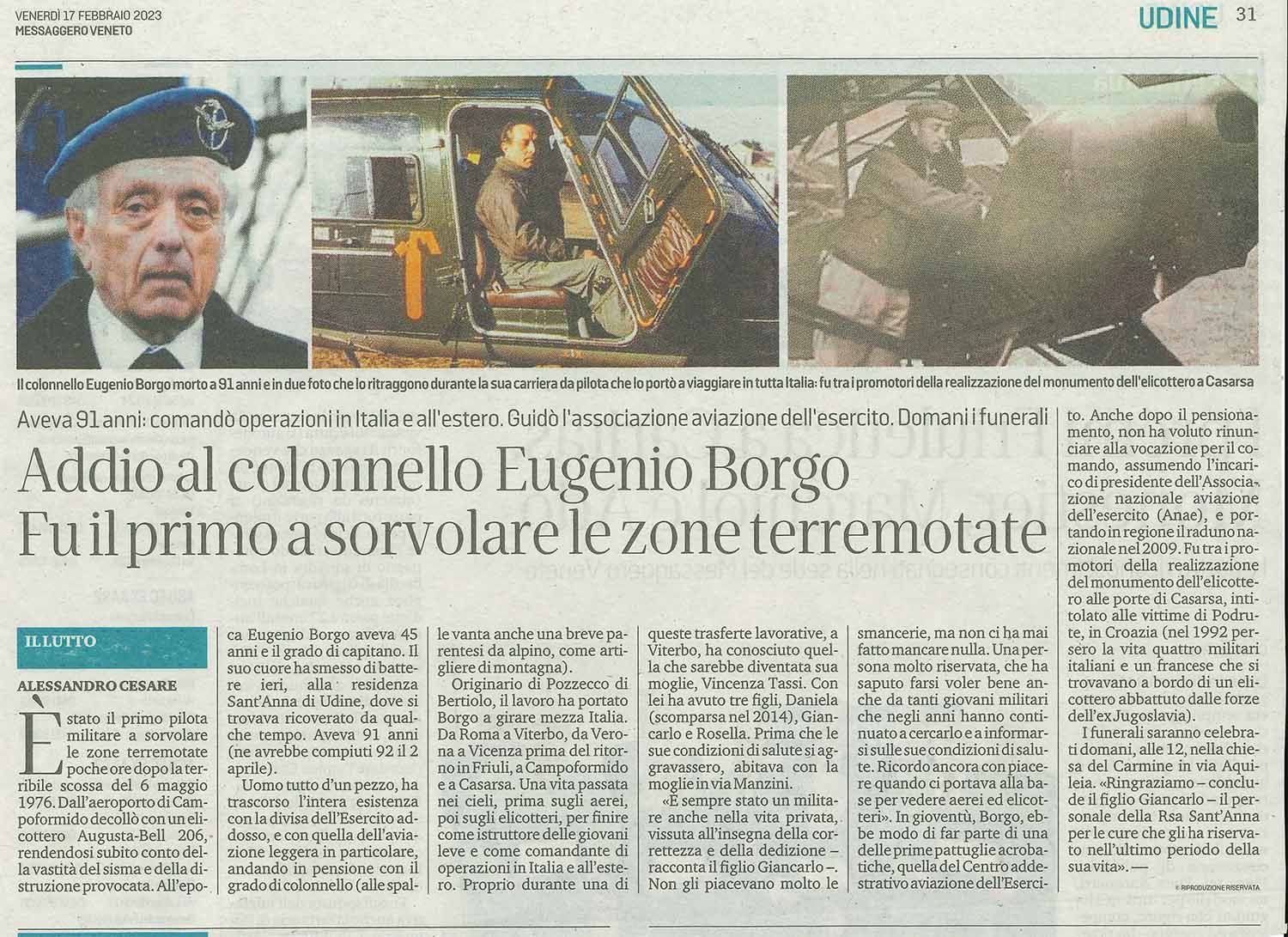 Addio al colonnello Eugenio Borgo. Fu il primo a sorvolare le zone terremotate